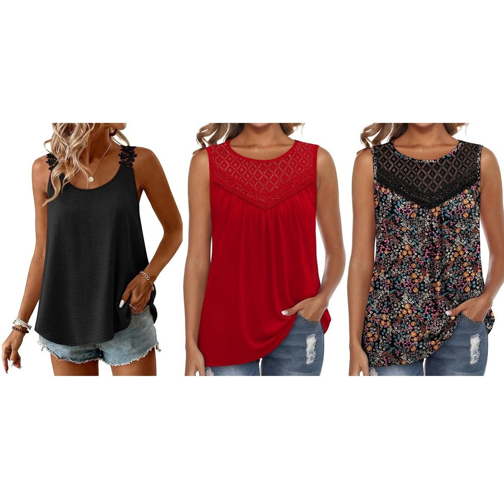 LOT: 3 Women's Sleeveless Boho Tank Tops - Black, Red, Black Floral - 2X